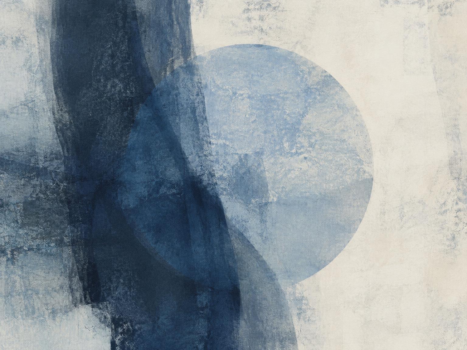 Abstract painting of a pale blue circle veiled by navy washes