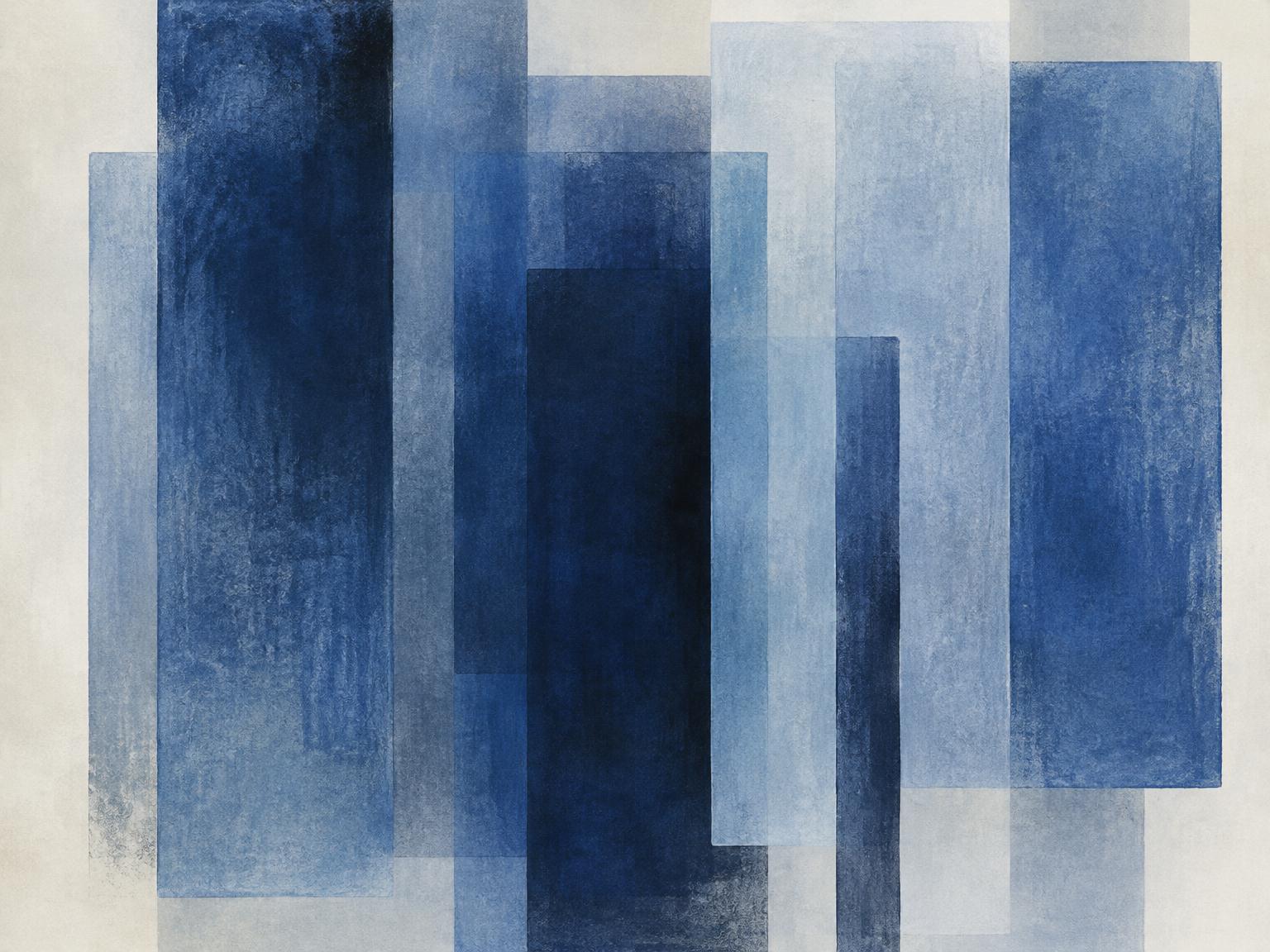 Abstract painting of overlapping vertical blue planes