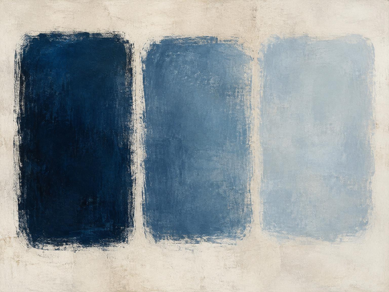 Abstract painting of three blue forms fading from dark to light